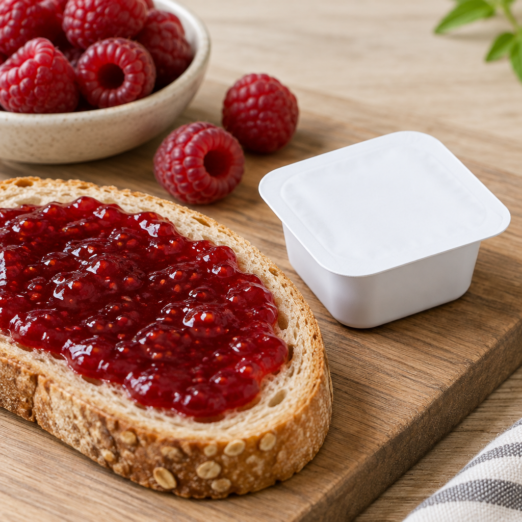 Stemningsbillede af hindbærmarmelade smurt på brød