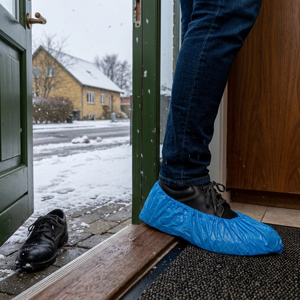 Person træder ind fra snedækket fortov med blåt skoovertræk på skoen