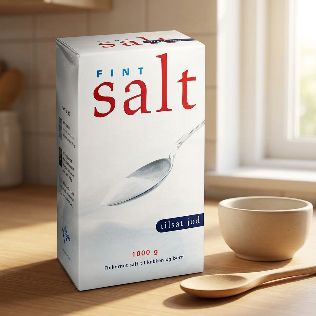 Fint salt med jod 1 kg ved skål og træske i sollyst køkken