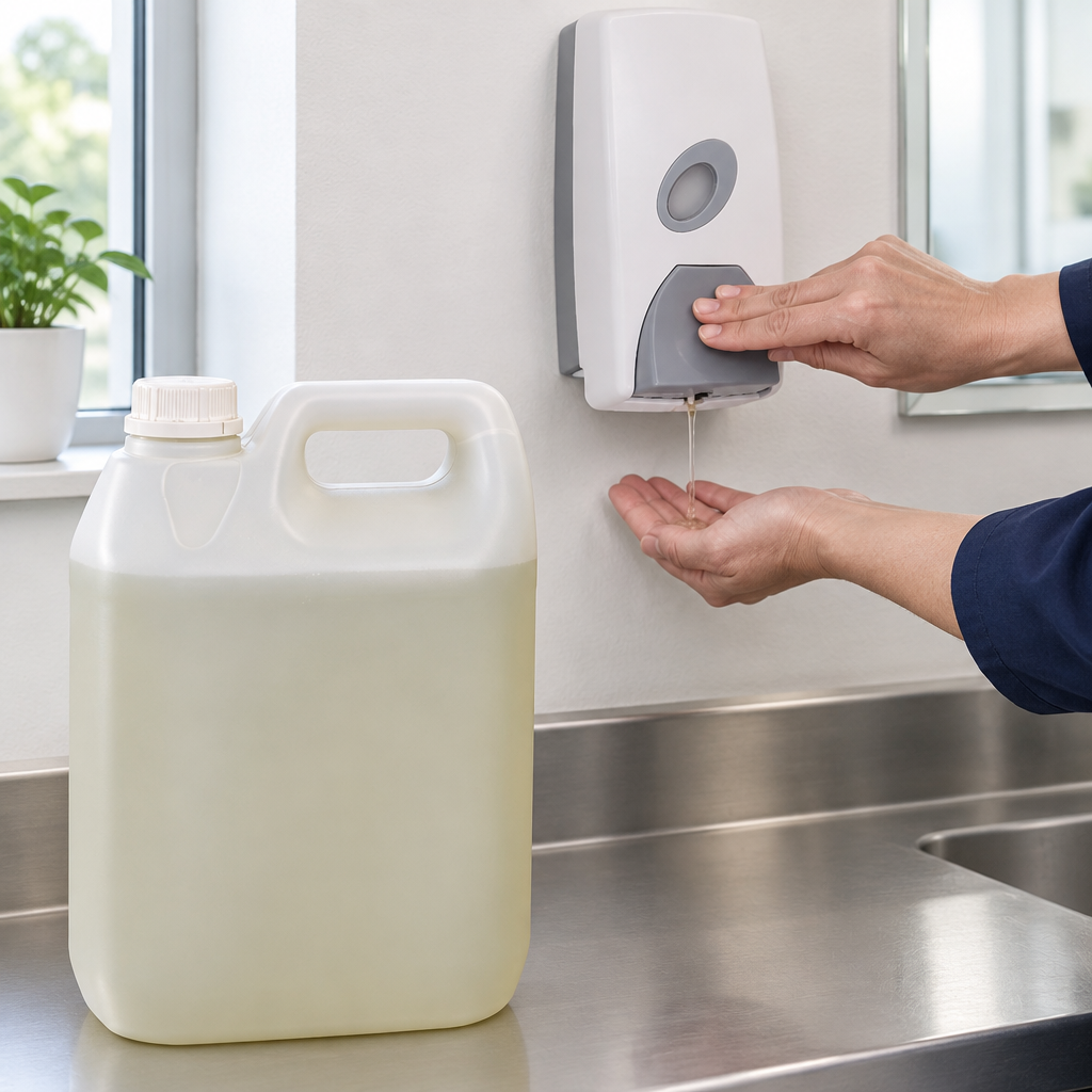 Cremesæbe Natur dunk i forgrunden ved håndvask med manuel dispenser 2055 i brug