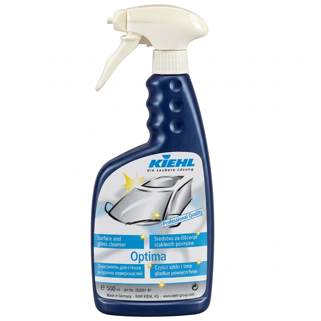 Kiehl Optima glas- og overfladerens i mørkeblå 500 ml flaske med lyst sprayhoved på hvid baggrund, varenummer 8129.