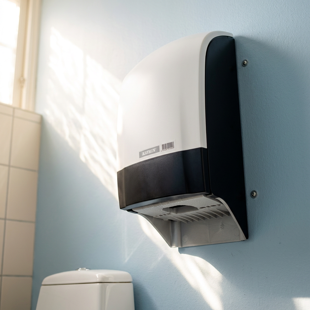 Hvid Katrin-dispenser på lyseblå væg i sollyst toiletrum