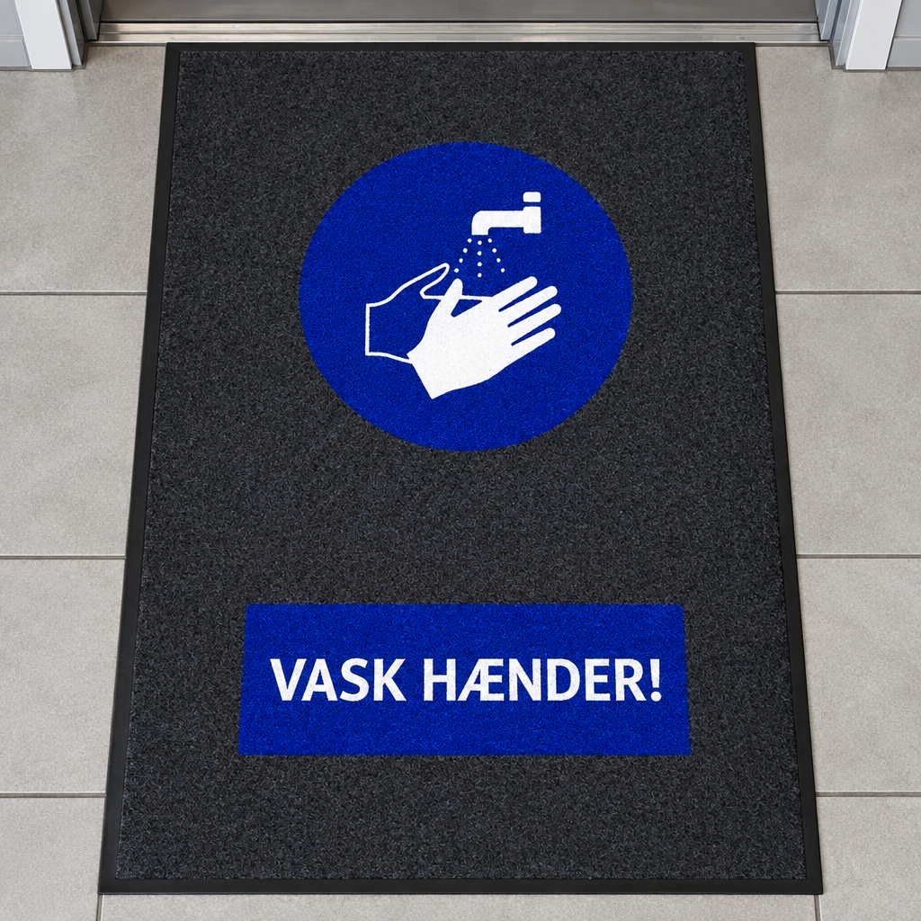 Smudsmåtte med Vask Hænder ved dør til venteværelse, genereret miljøbillede
