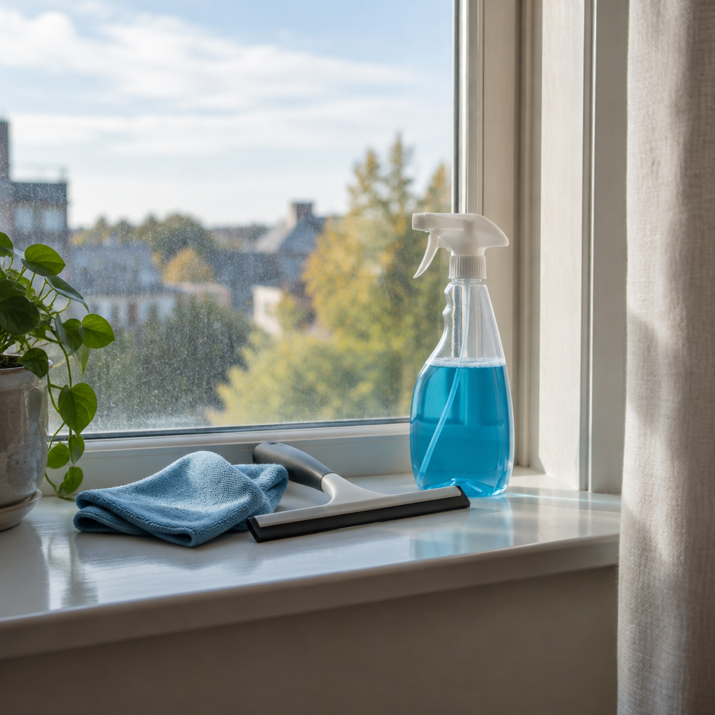 Stemningsbillede af generisk vinduesskraber med klud og sprayflaske, ikke produktfoto