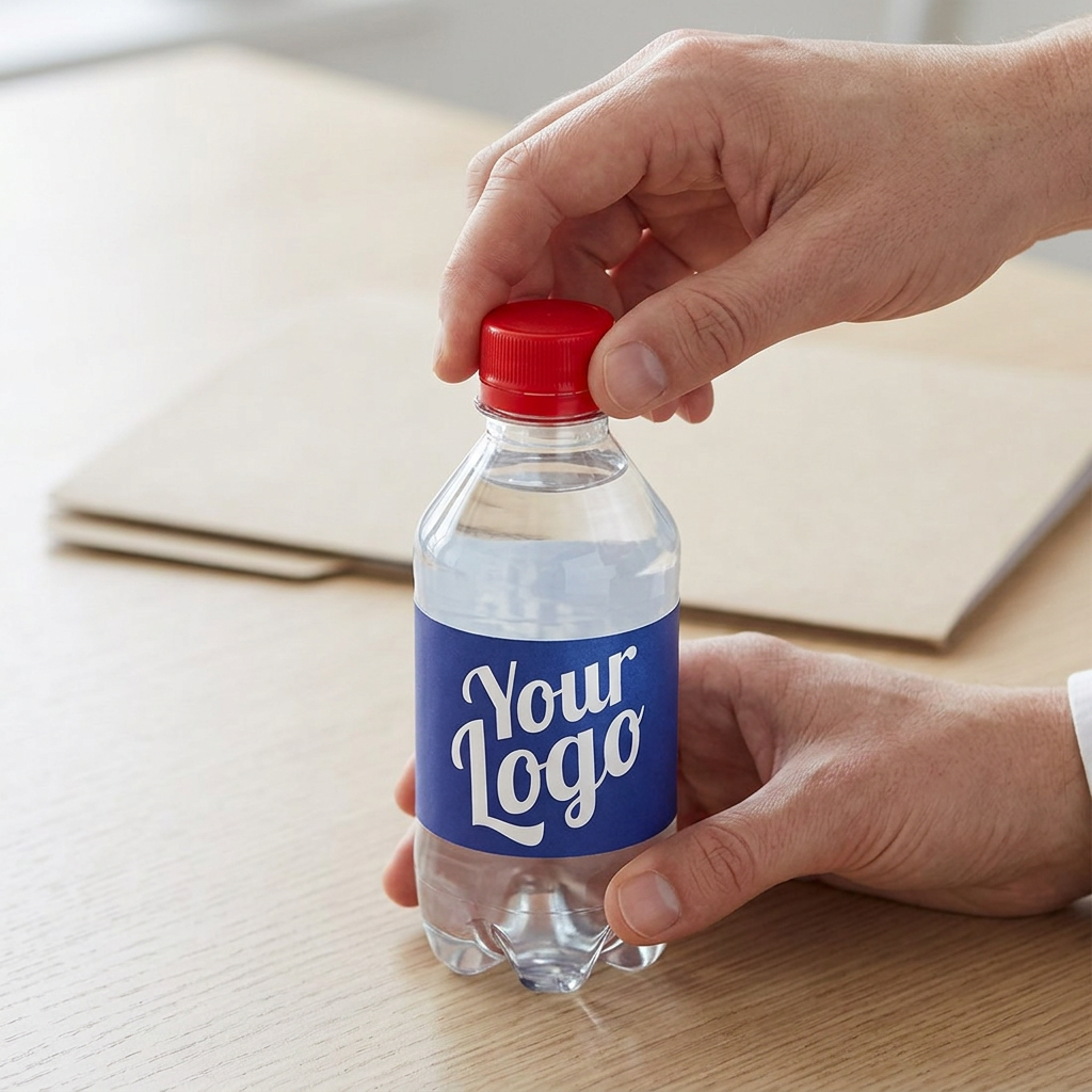 Rødt låg drejes på en 0,30-liters logovandsflaske på mødebordet