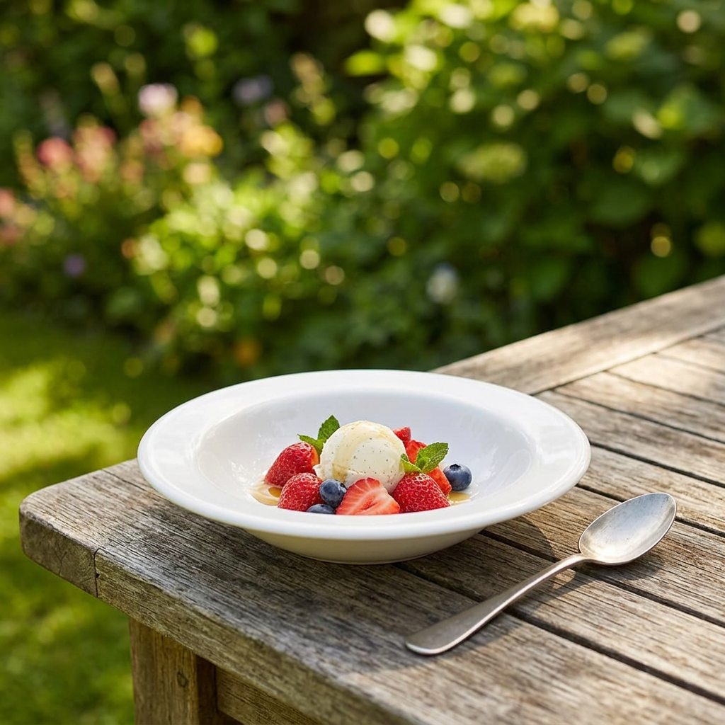 Hvid, dyb tallerken med is og bær på solrigt havebord