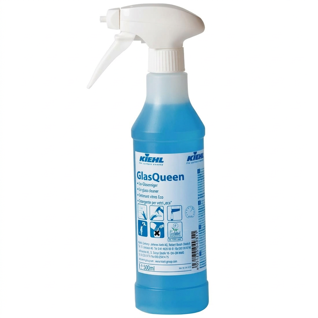 Kiehl GlasQueen 500 ml glasrens med hvidt sprayhoved på hvid baggrund