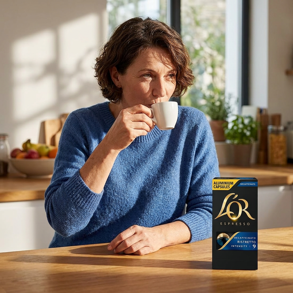 Kvinde drikker kaffe med L’OR Ristretto Decaf 9 på køkkenbordet