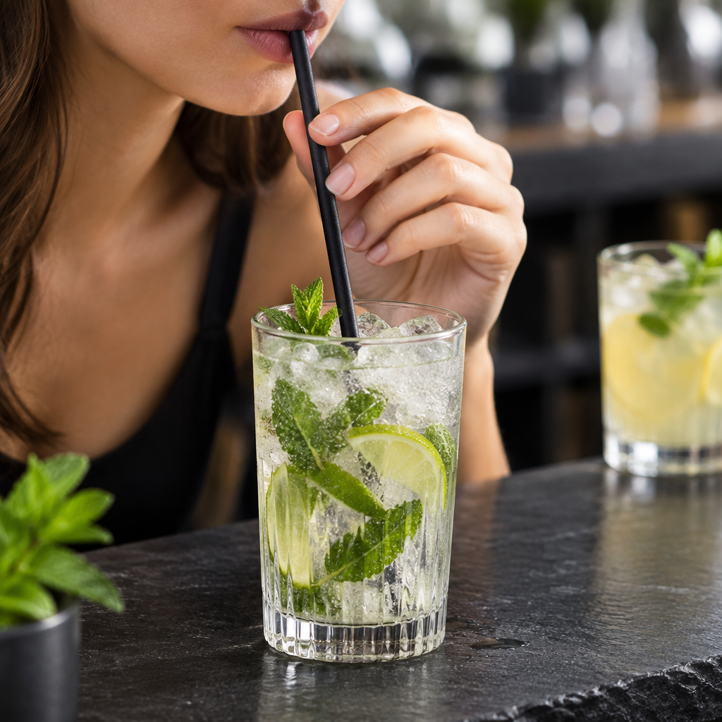 Sort lige sugerør i brug i drink med lime, mynte og is