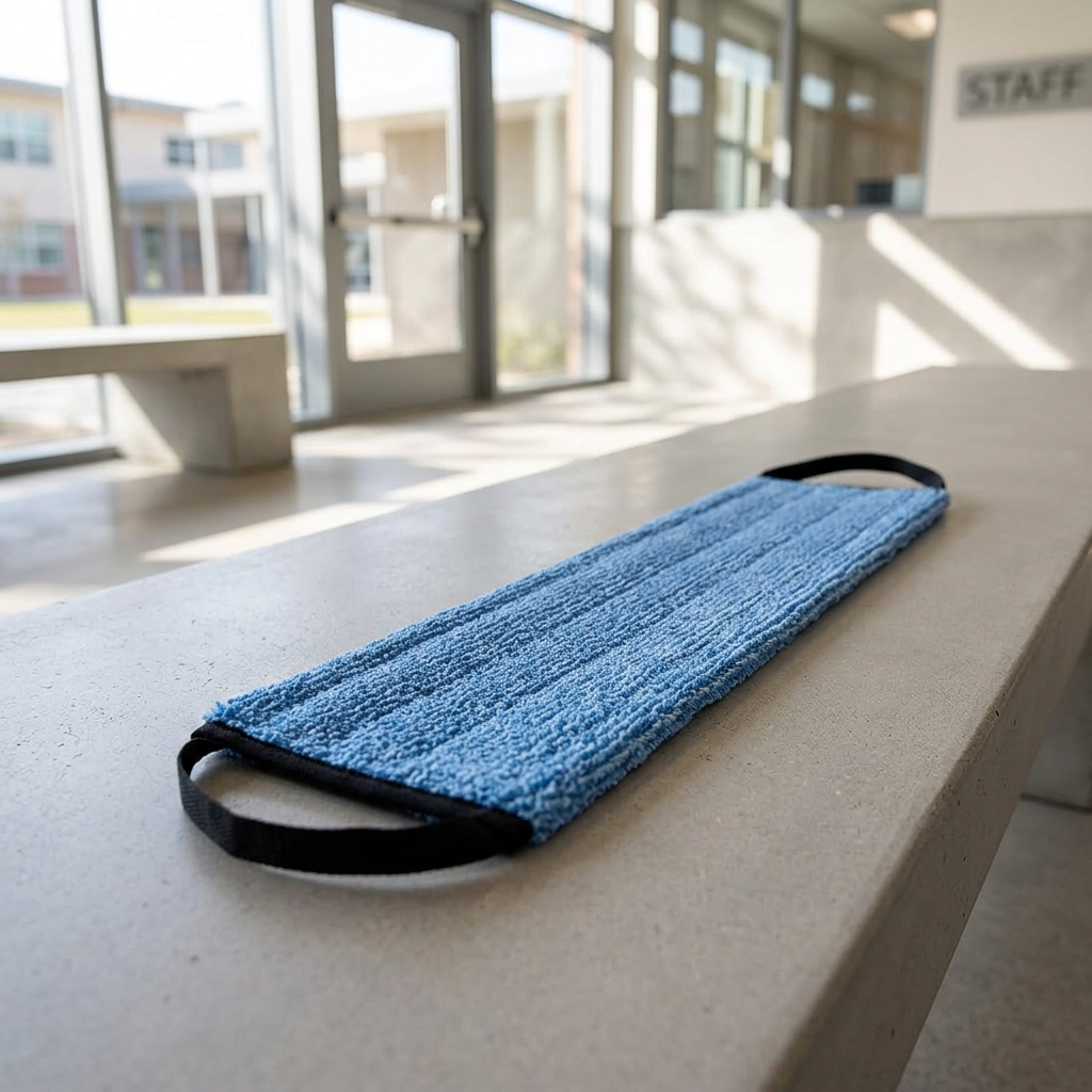 Stemningsbillede med blå mikrofibermoppe på en bænk i skolens serviceområde