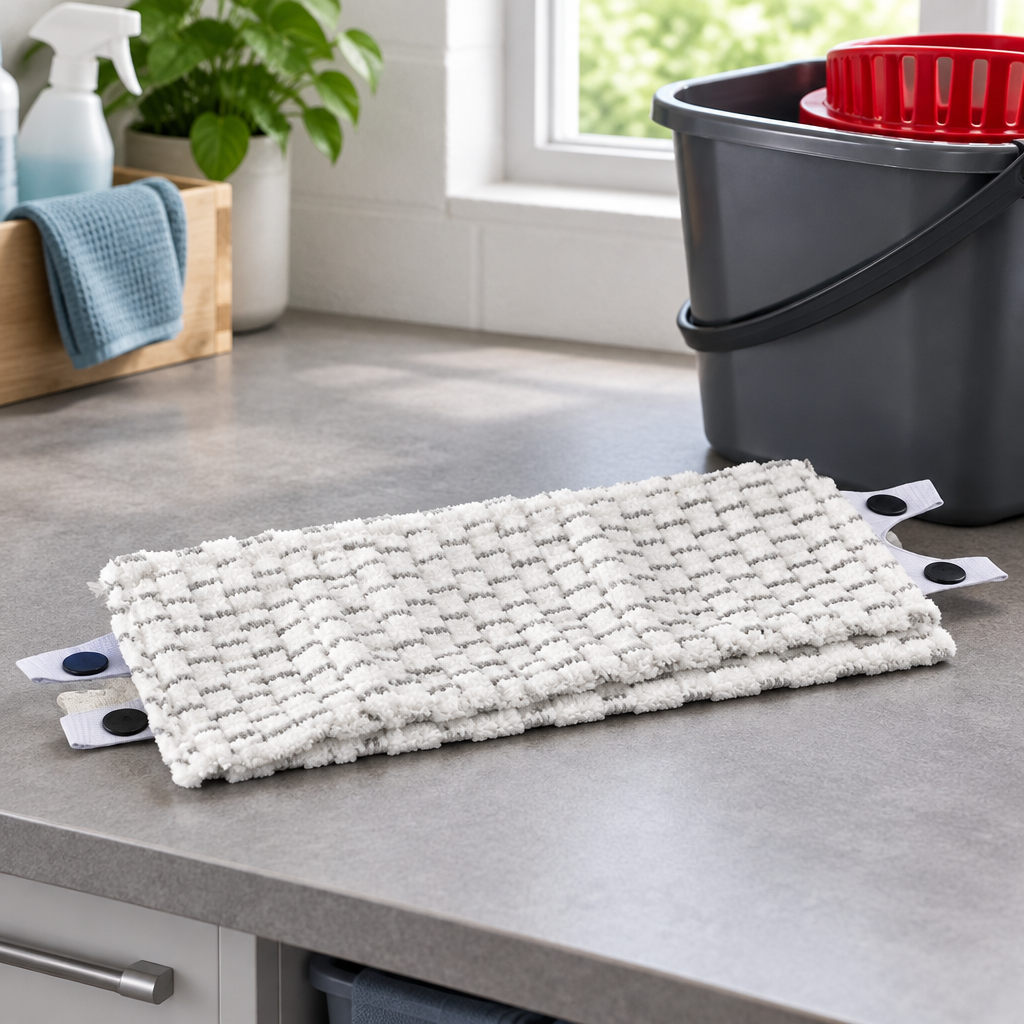 Stemningsbillede af mikrofibermopper ved moppeudstyr, ikke foto af de konkrete Vileda UltraSpeed Mini-mopper