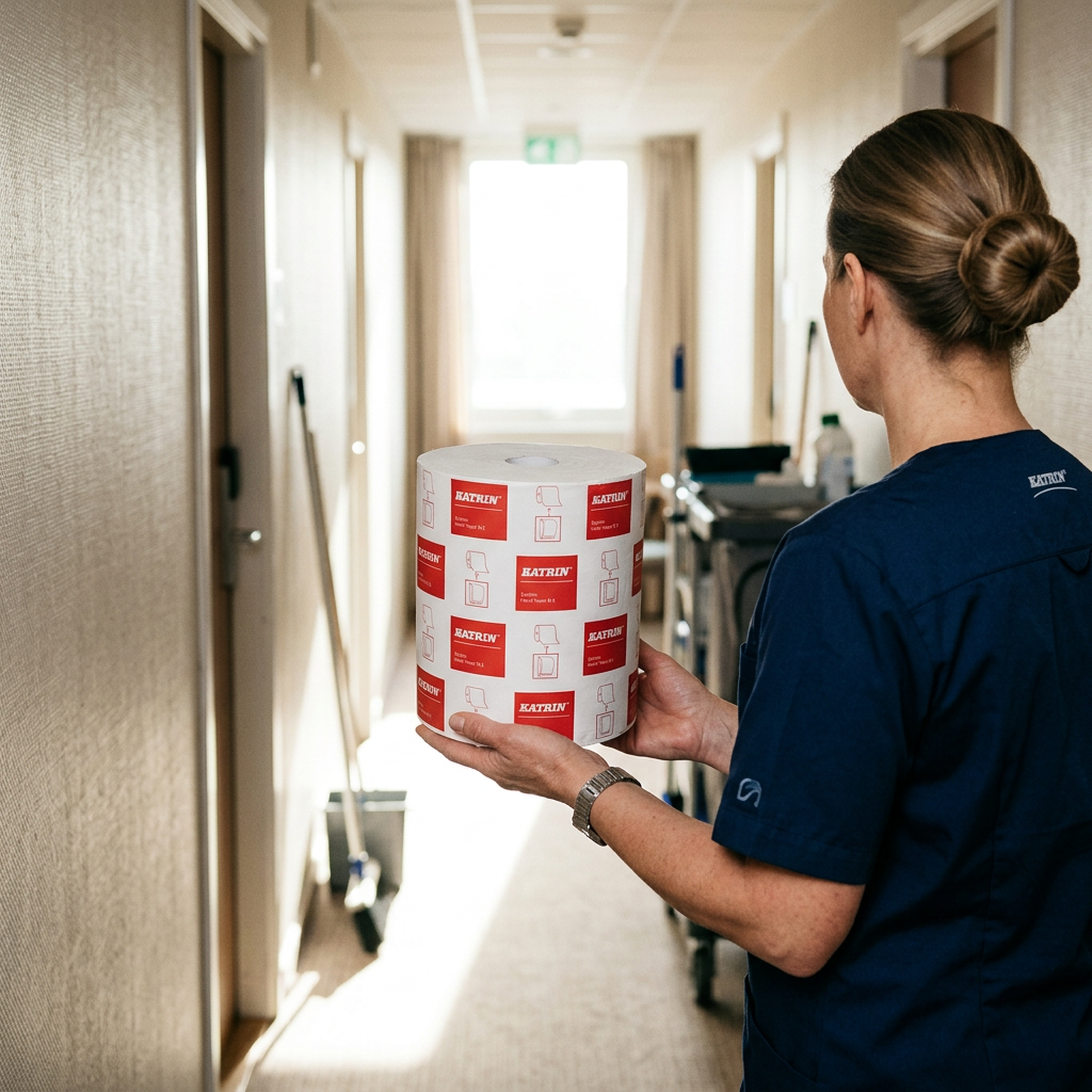 Servicemedarbejder bærer en Katrin System-håndklæderulle i en lys gang. Miljøbillede.