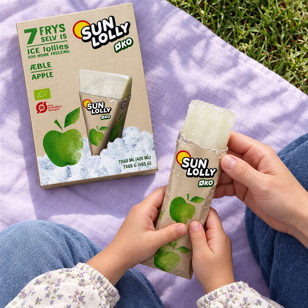 Sun Lolly ØKO Æble-æske og åbnet is på lyst picnictæppe