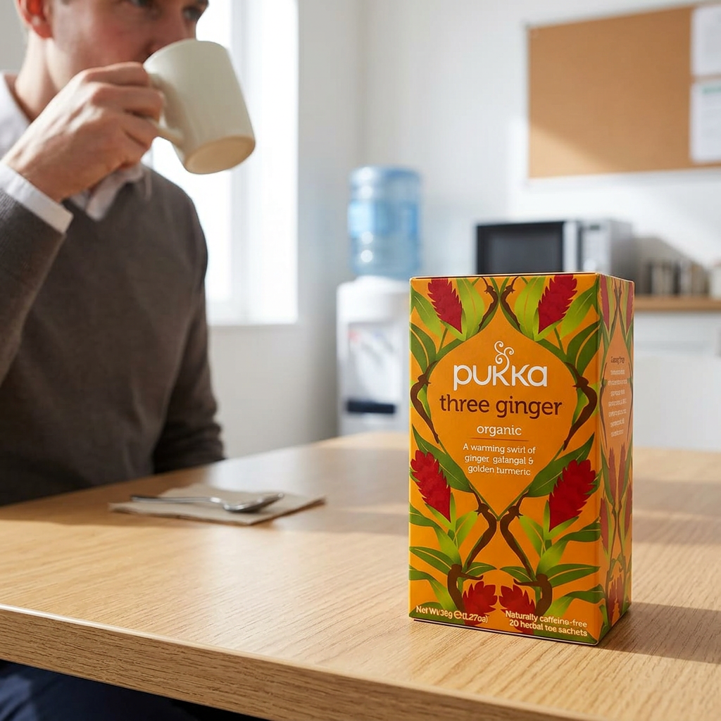 Pukka Three Ginger på bordet under en tepause på kontoret