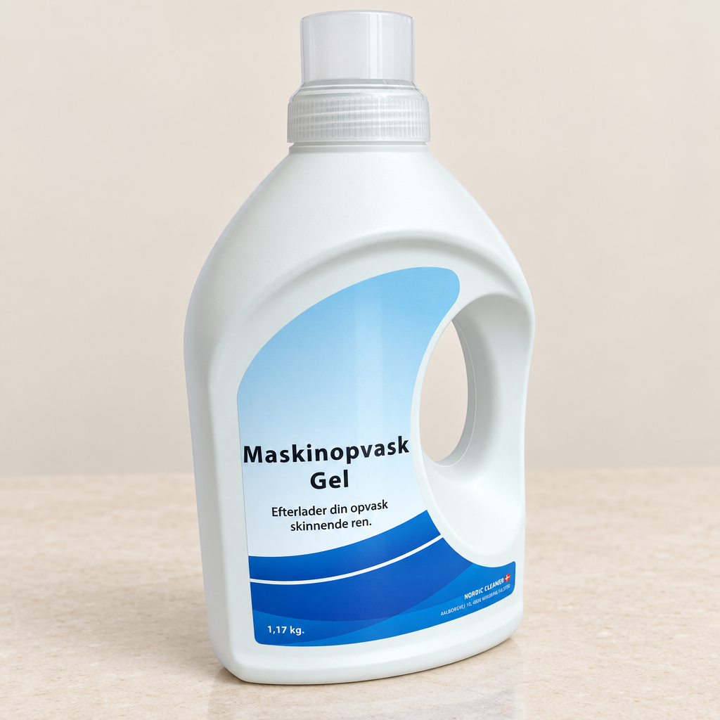 Flaske med maskinopvask gel set fra skrå vinkel