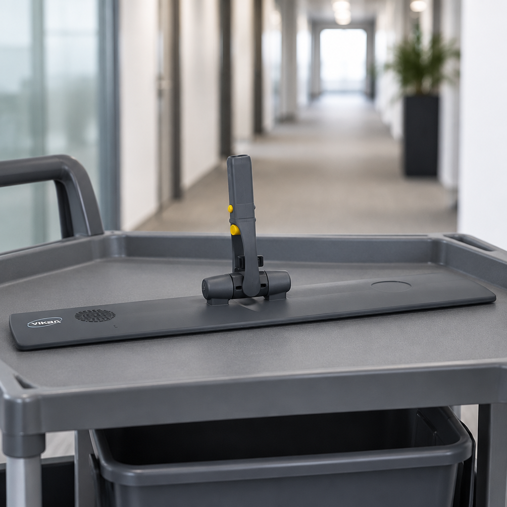Vikan moppefremfører med velcro på en rengøringsvogn i kontorgang