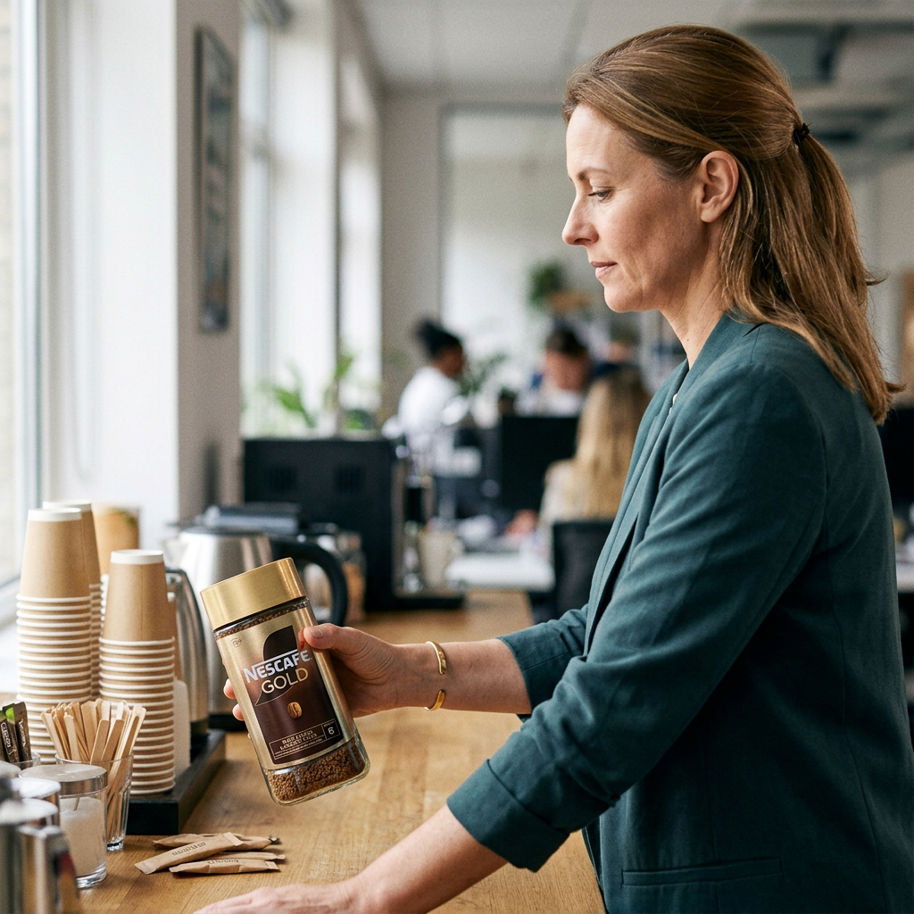 Voksen medarbejder holder et glas Nescafé Gold 200 g ved kaffestationen