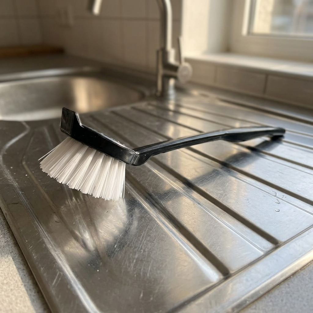 Basic-opvaskebørste på afdrypningsbord i rustfrit stål, stemningsbillede
