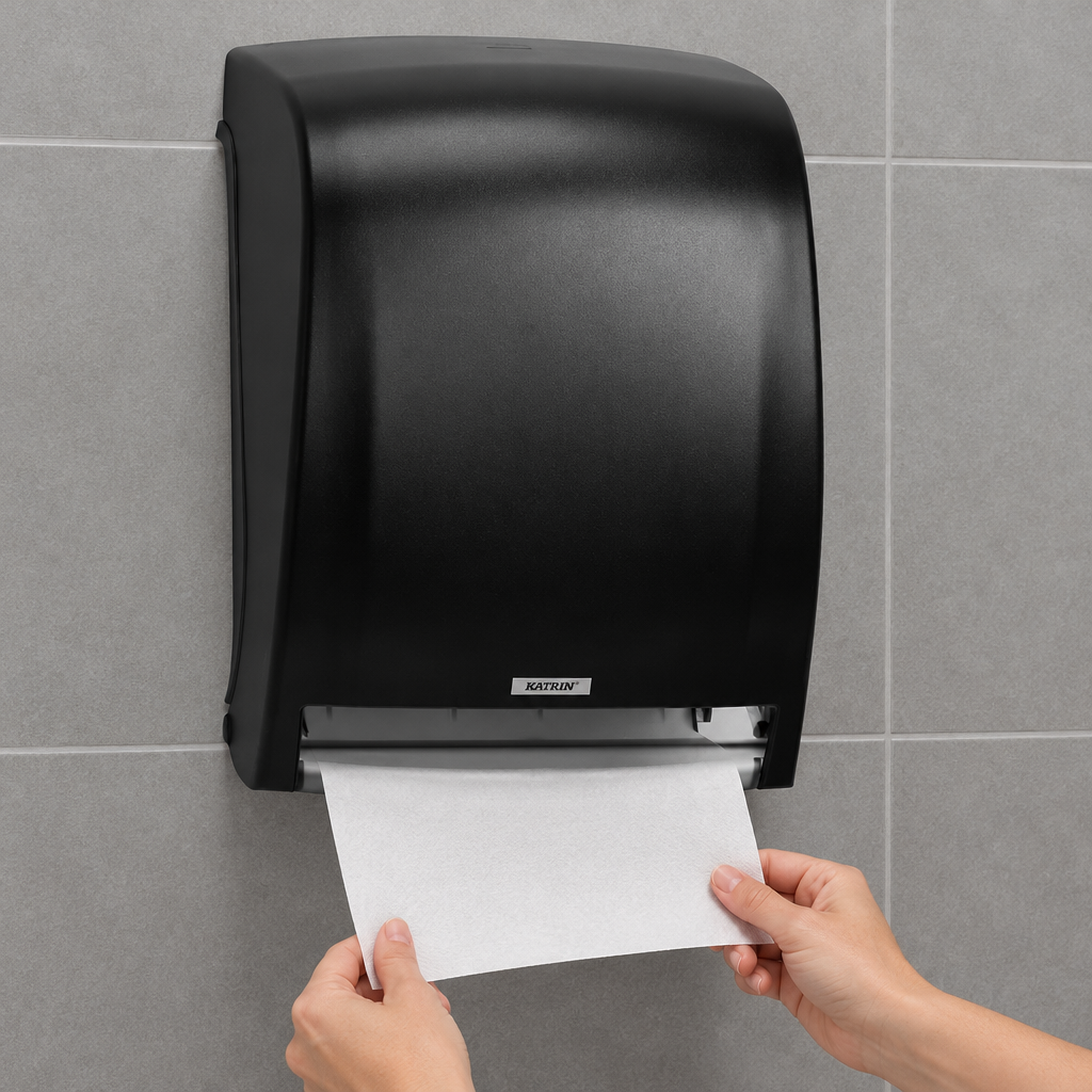 Sort Katrin E Towel 104438 ved illustreret udtag af papir fra det nederste udløb