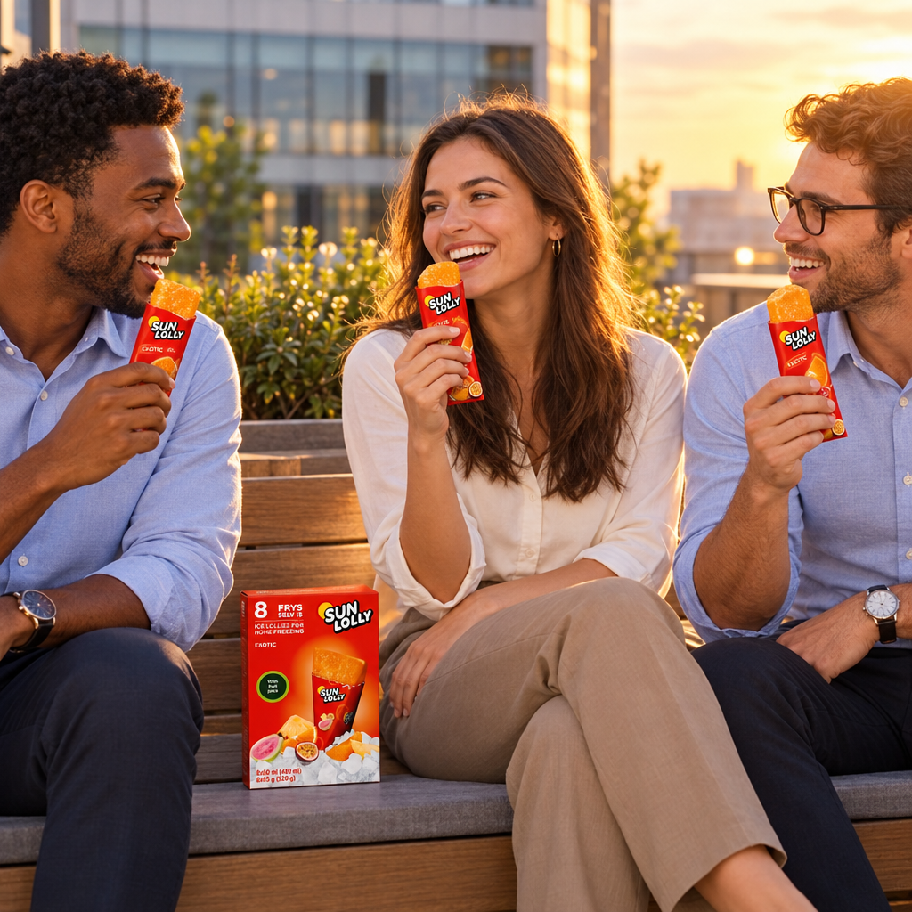 Tre kolleger med Sun Lolly Exotic ved sommerpause på kontorets terrasse