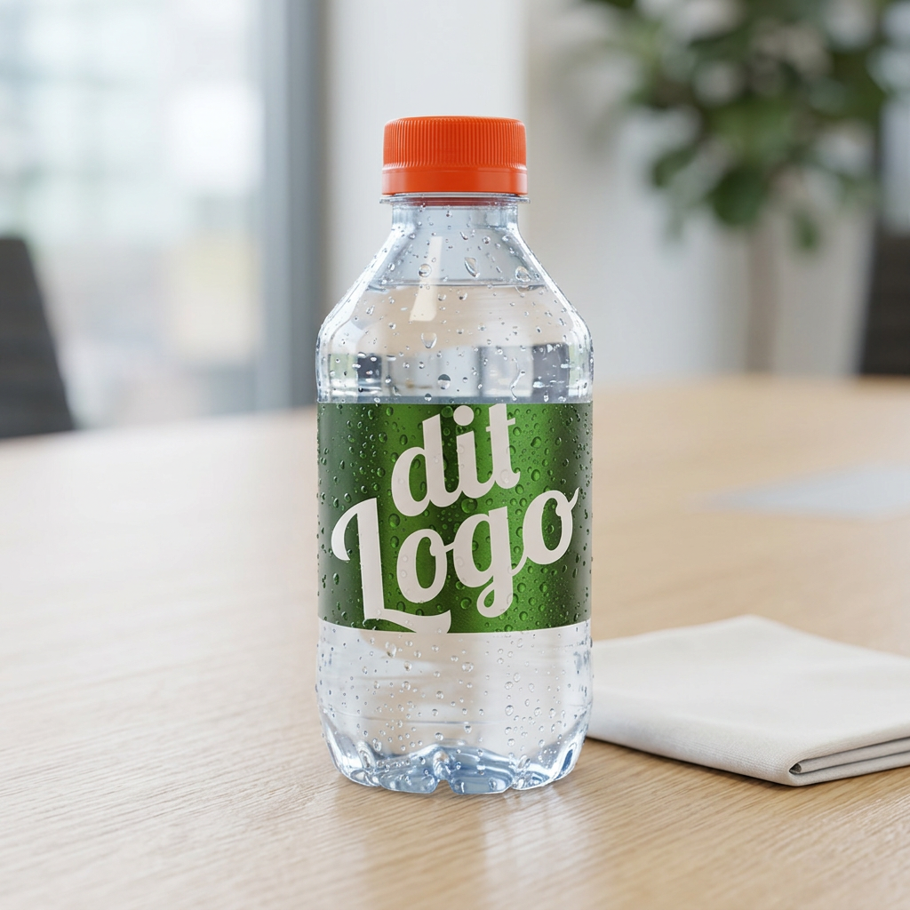 0,30-liters logovand med orange låg og grøn etiket på et lyst bord