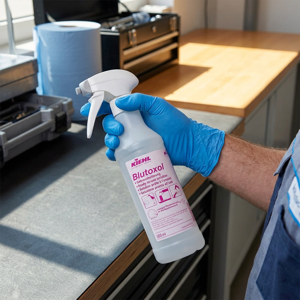 Voksen medarbejder holder Kiehl Blutoxol arbejdsflaske med blå handske