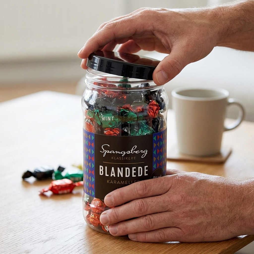 Voksen åbner skruelåget på Spangsberg Blandede Karameller