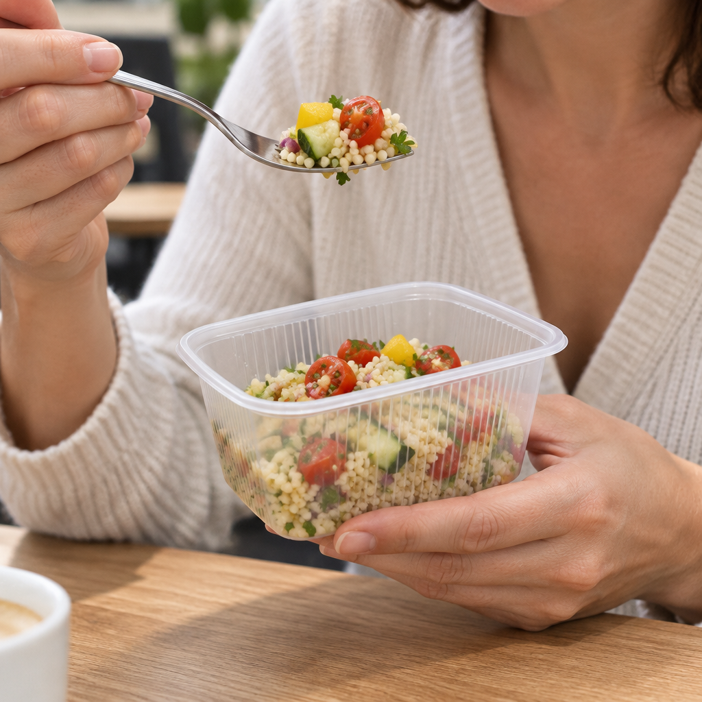 Brugssituation: salat spises med gaffel fra et åbent klart salatbæger