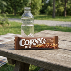 Corny Big Dark Chocolate-Cookies på picnicbord med vandflaske