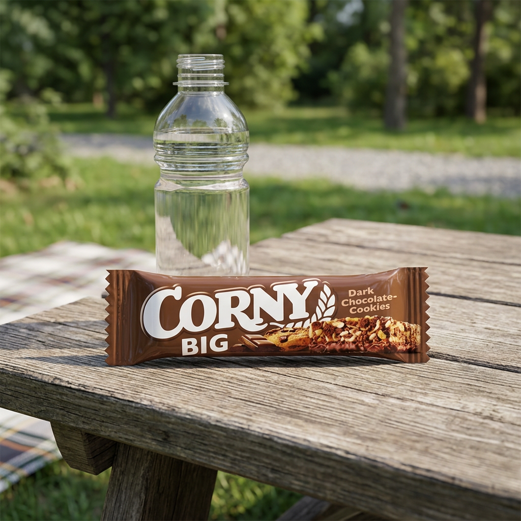 Corny Big Dark Chocolate-Cookies på picnicbord med vandflaske