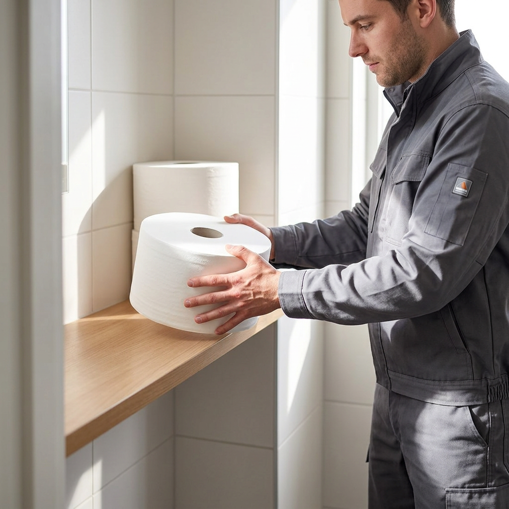 Medarbejder sætter hvid toiletrulle på hylde ved sollyst toiletrum