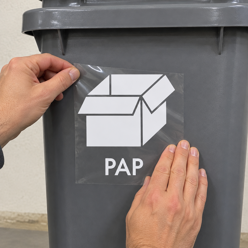 Montering af hvidt pappiktogram med applikationstape på grå beholder