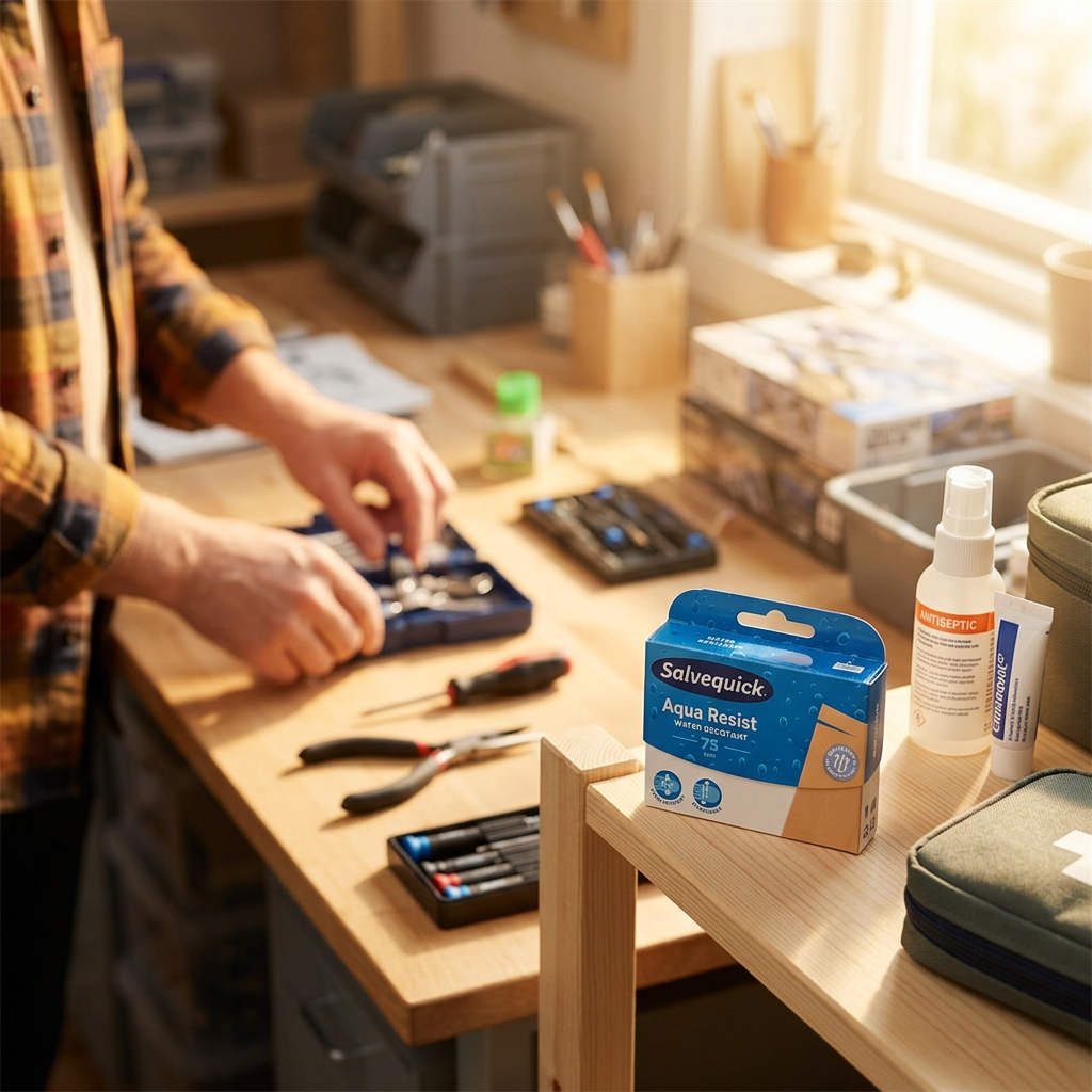 Salvequick Aqua Resist i førstehjælpshjørne i et solrigt hobbyrum, øvrige produkter medfølger ikke