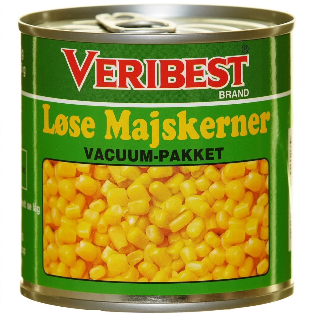 Forbedret produktbillede af Veribest løse majskerner med grøn etiket på hvid baggrund