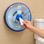 Blå Lotus SmartOne Mini T9-dispenser i brug i beige toiletrum