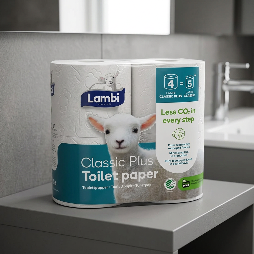 Lambi Classic Plus toiletpapir på grå hylde ved håndvask
