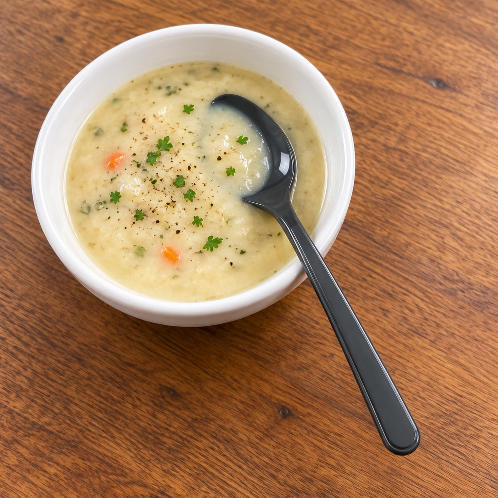 Grå flergangsske i en skål suppe