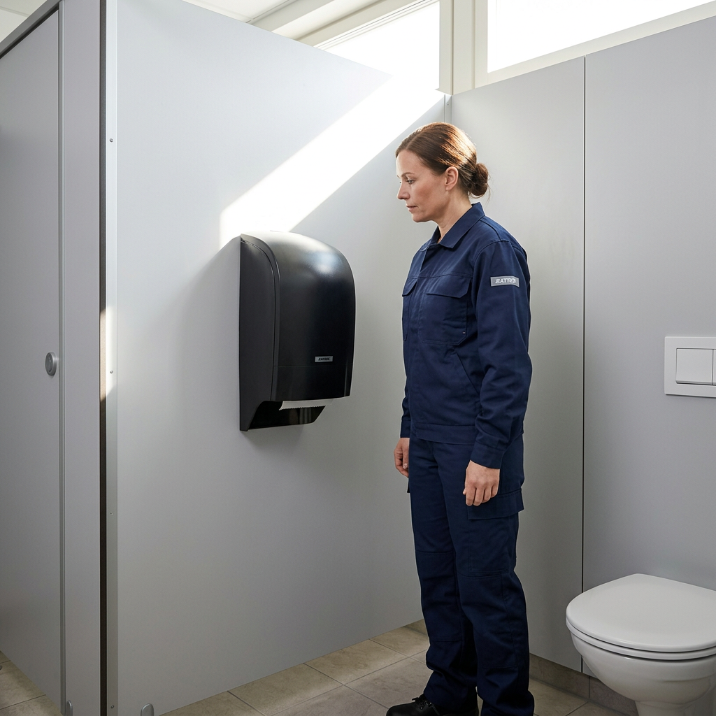 Medarbejder kontrollerer sort Katrin-dispenser i sollyst toiletrum