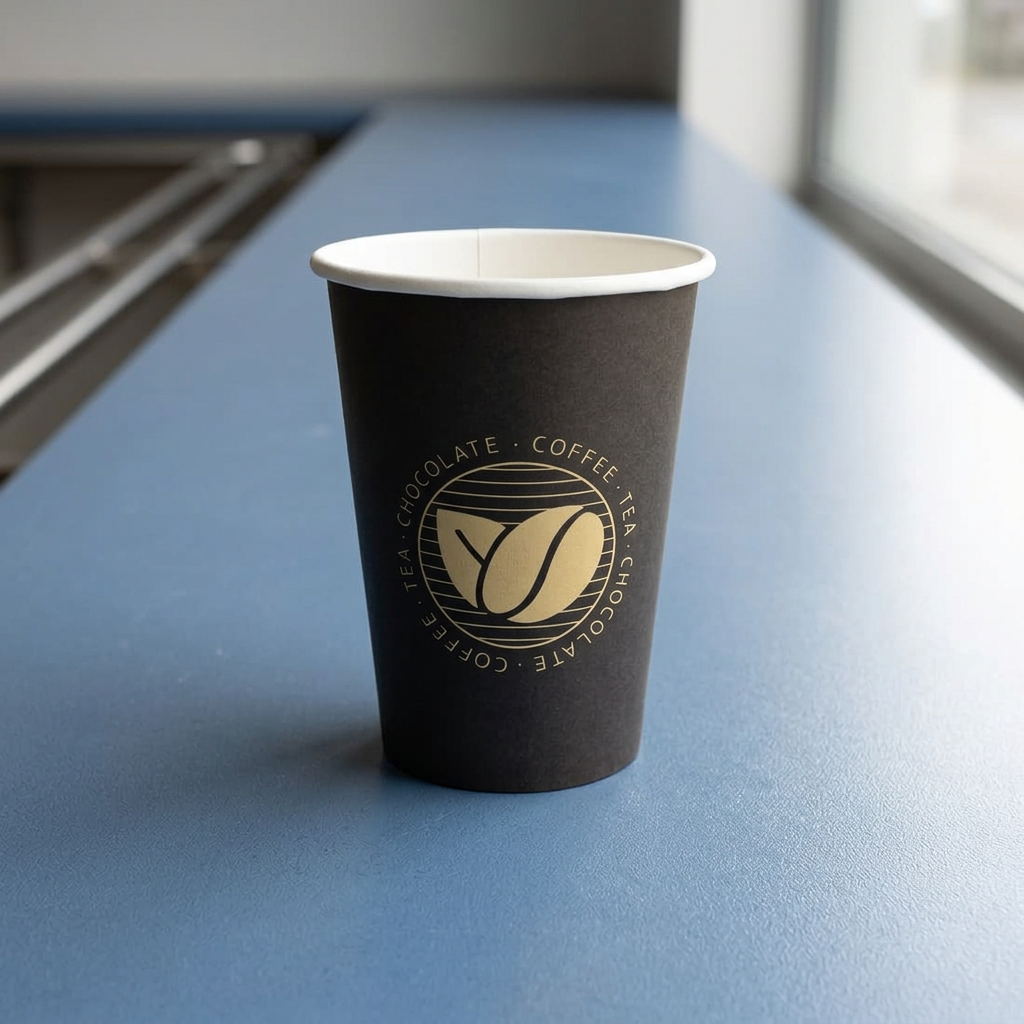 Beans-kaffebæger 36 cl på blå bordplade i kantine
