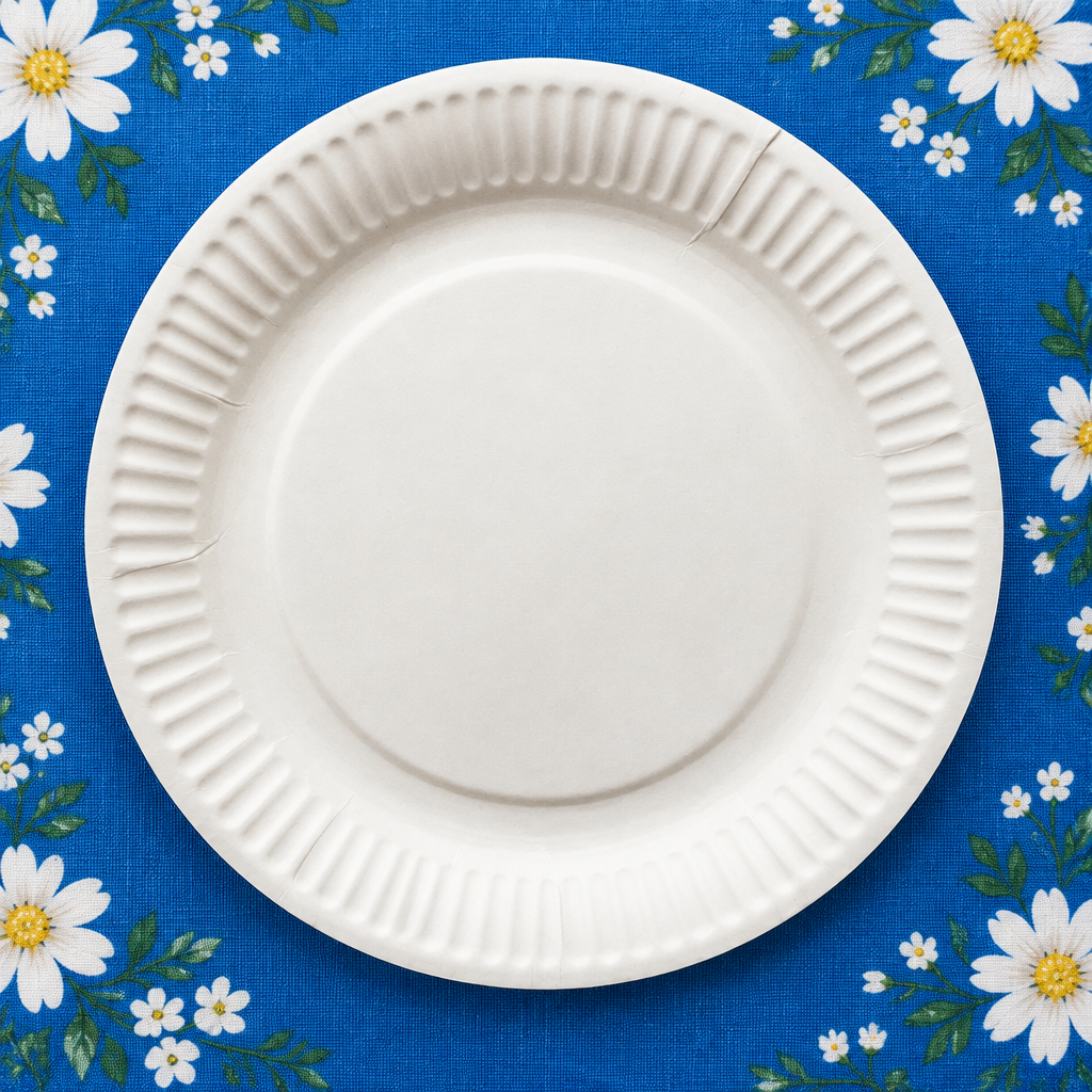 Hvid paptallerken på blåt festbord med blomstermønster