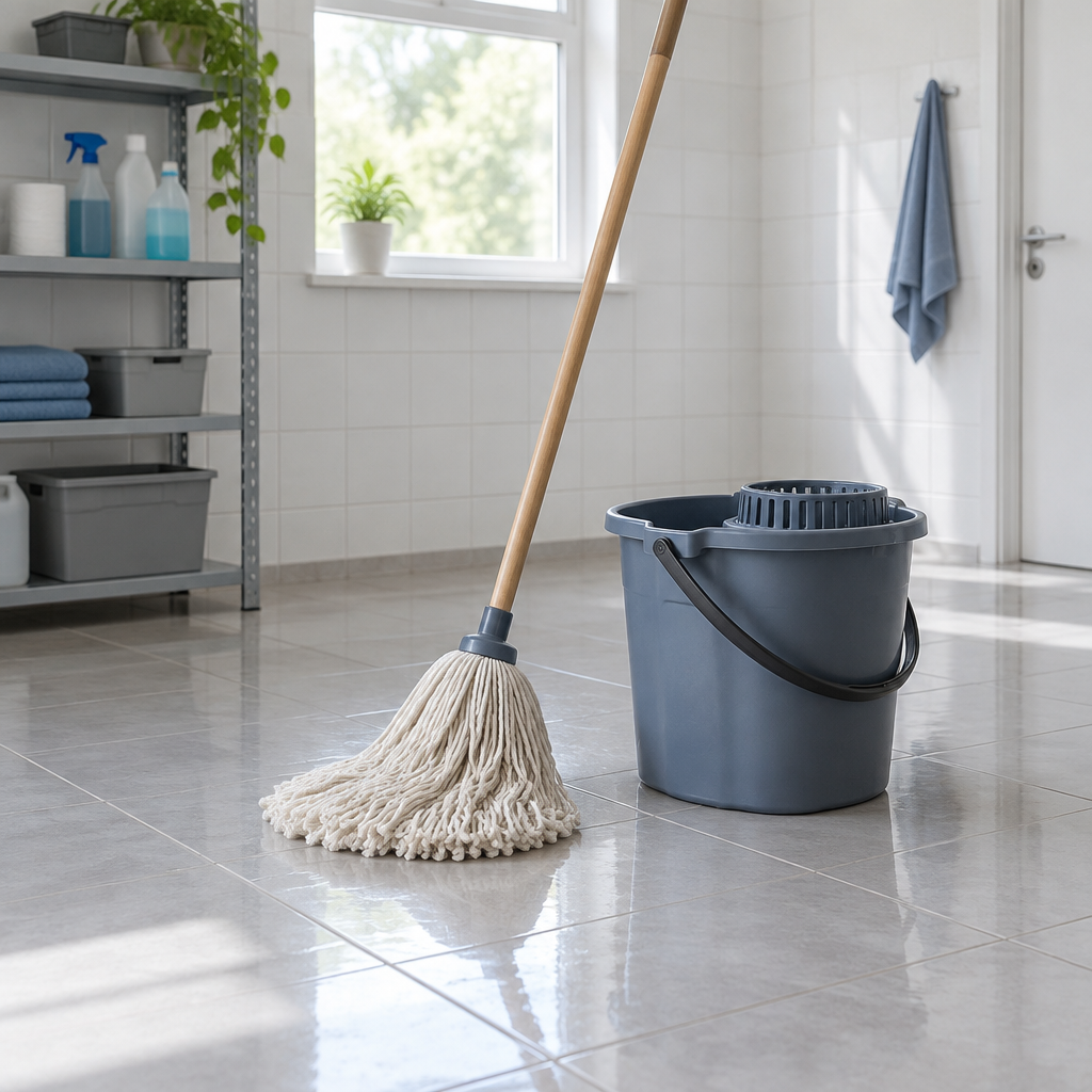 Stemningsbillede af generisk bomuldsmoppe og spand, ikke foto af konkret moppegarn