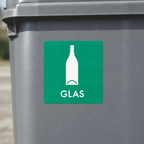 Detalje af GLAS-klistermærke med hvidt flaskesymbol på grøn baggrund