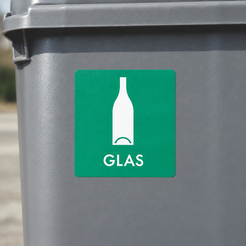 Detalje af GLAS-klistermærke med hvidt flaskesymbol på grøn baggrund