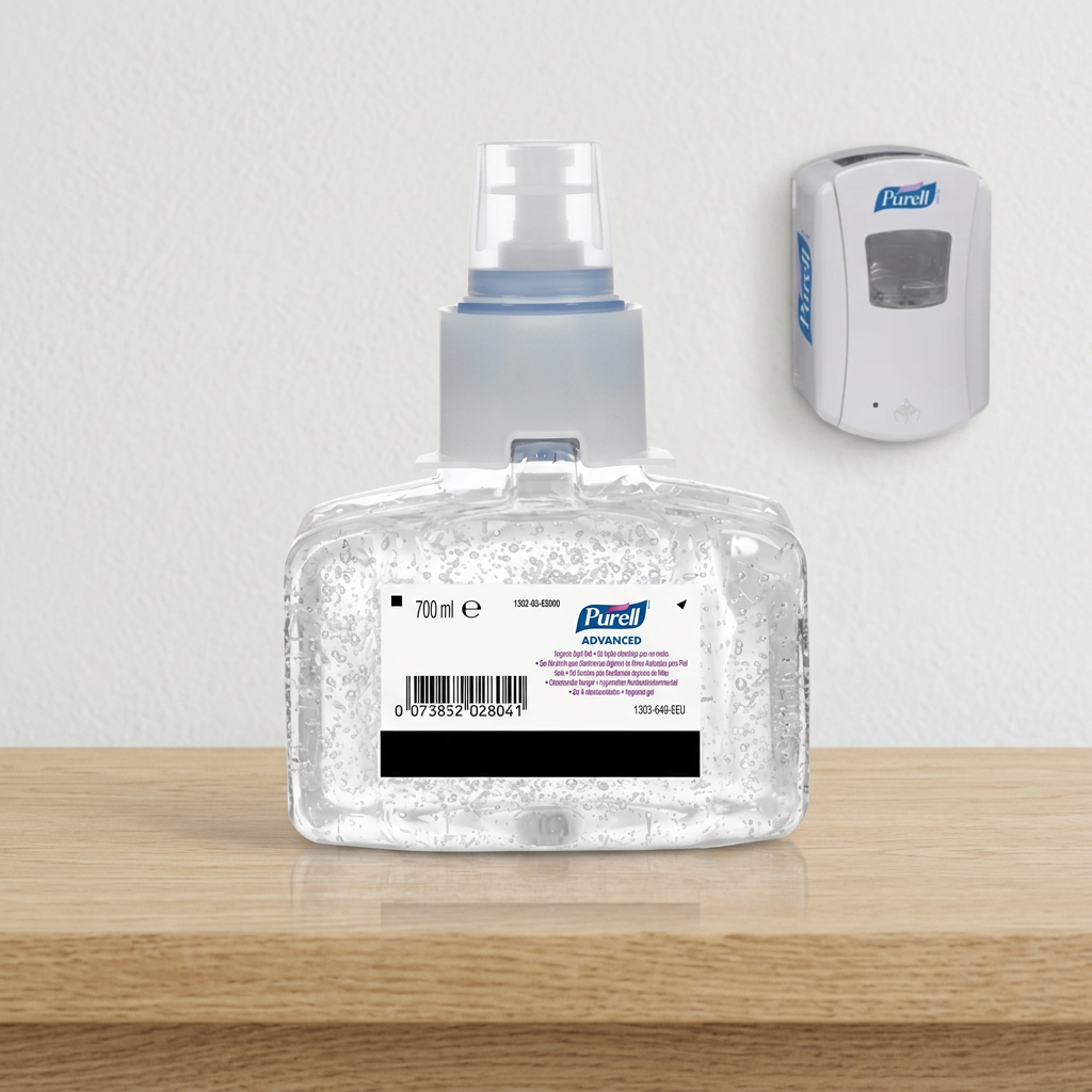 Purell LTX-7 gelrefill ved lys trædisk med hvid dispenser i baggrunden, stemningsbillede