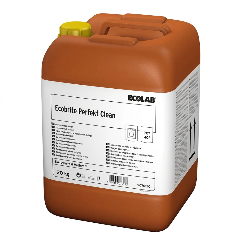 Ecolab Ecobrite Perfekt Clean 20 kg i orangebrun dunk med gult låg på hvid baggrund