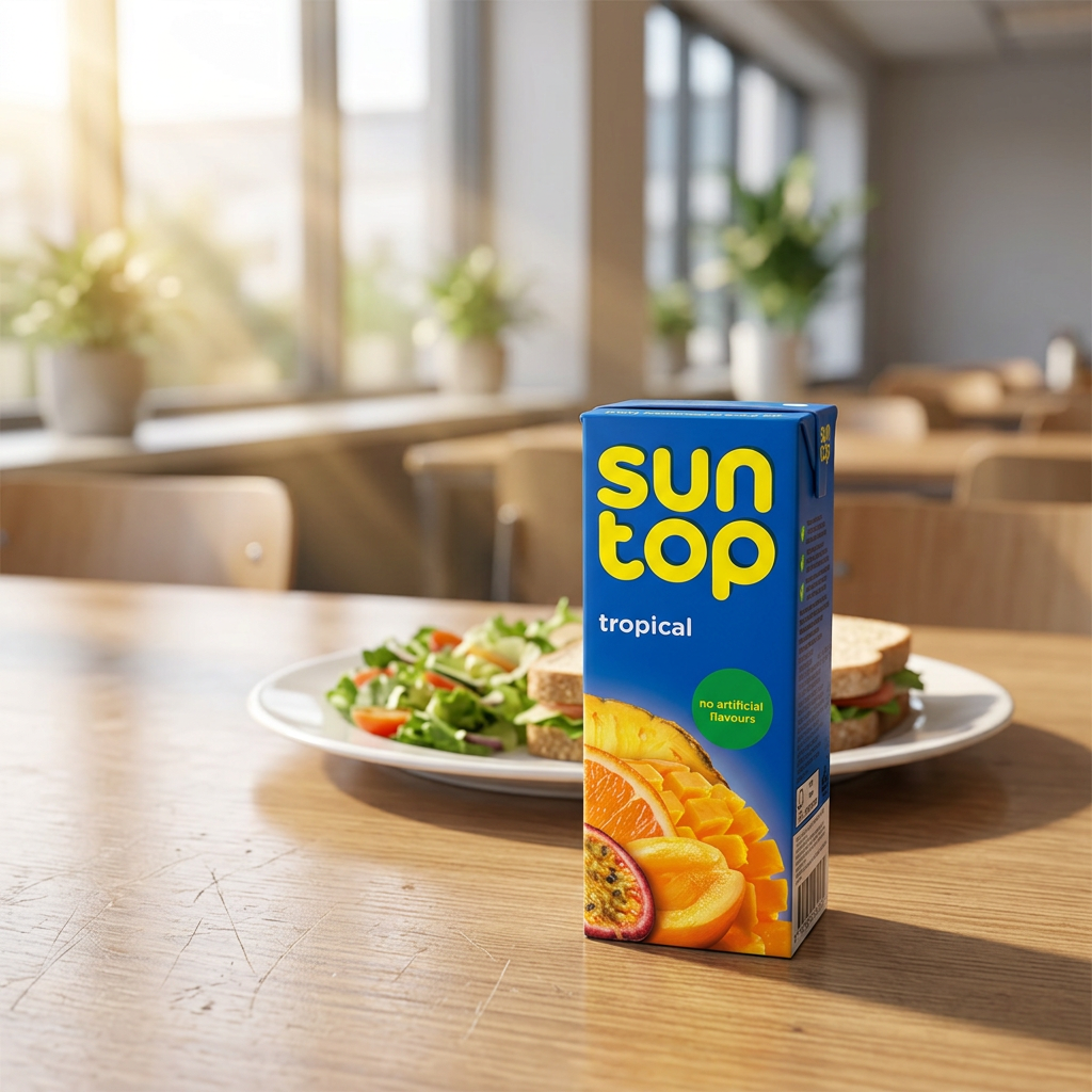 Suntop Tropical på kantinebord ved en frokosttallerken