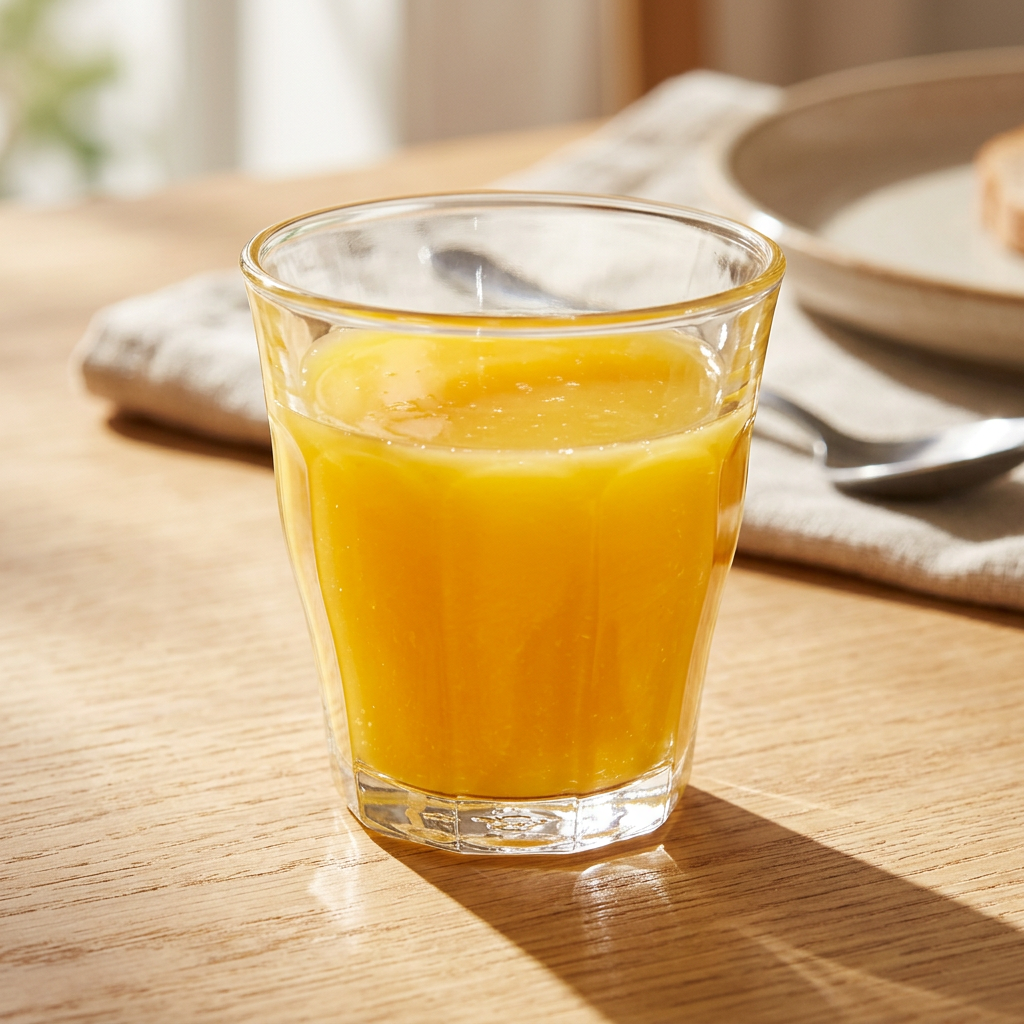 Duralex Picardie caféglas 13 cl med juice i solrigt køkken