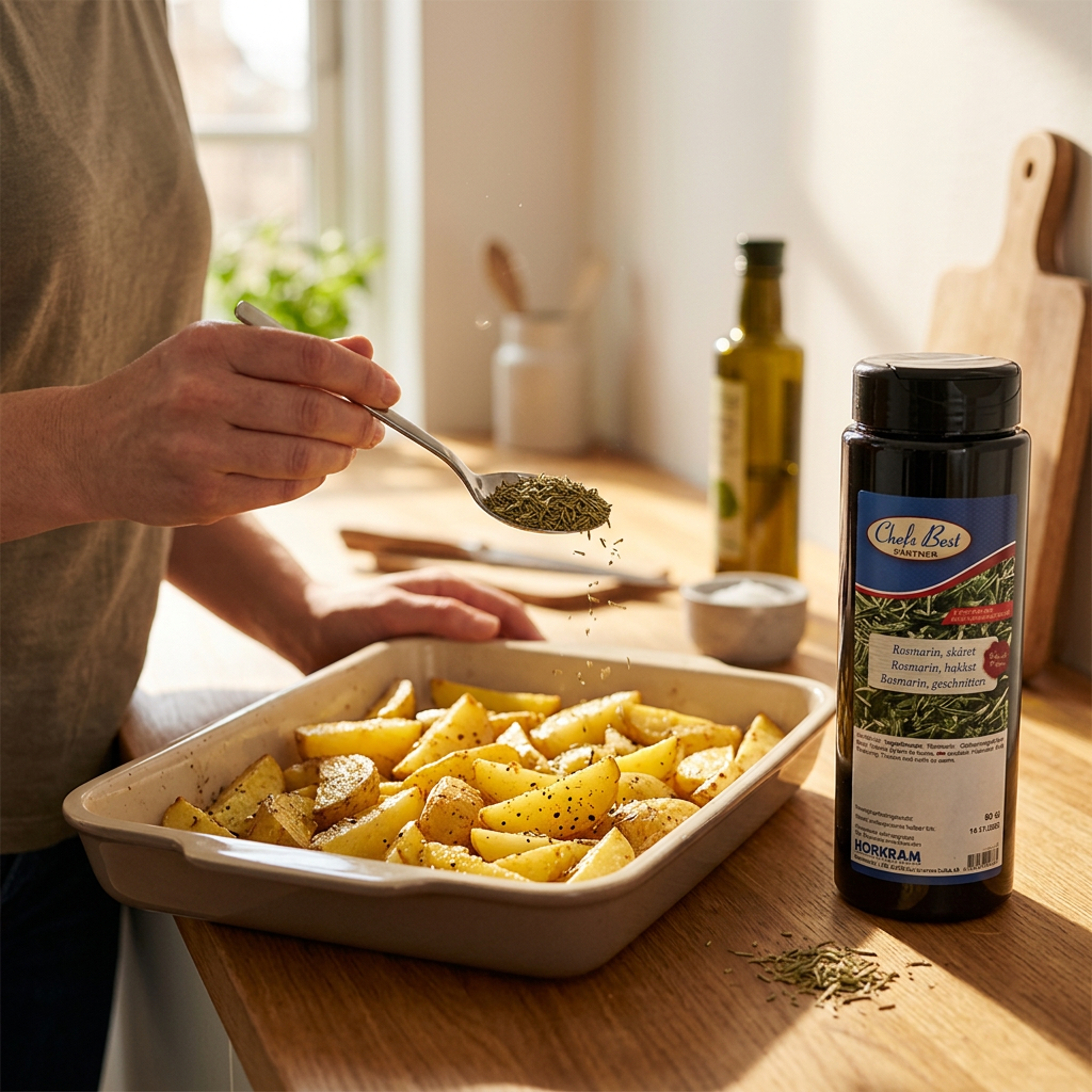 Rosmarin drysses på kartoffelbåde med Chefs Best-dåsen ved siden af
