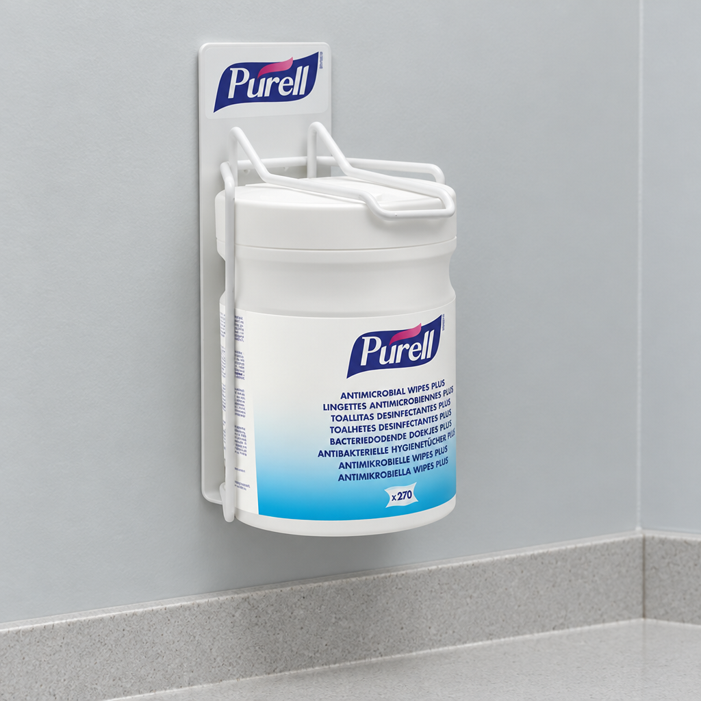 Purell-holder med illustrerende servietbøtte i personalefaciliteter