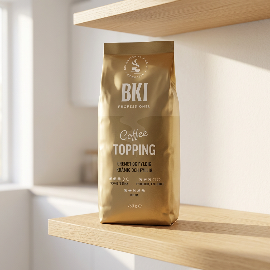 BKI Coffee Topping 750 g på en lys hylde, stemningsbillede